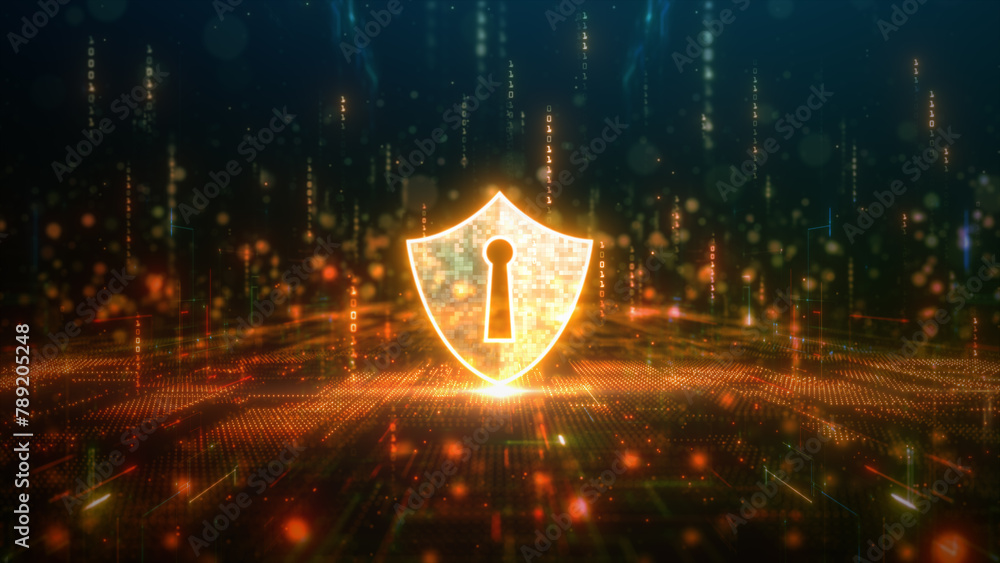 Poster cybersecurity shield on digital network background, the cybersecurity shield symbol glowing on a com