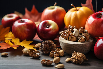 A top view of a wooden cutting board covered with a variety of fresh and colorful fruits vegetables...