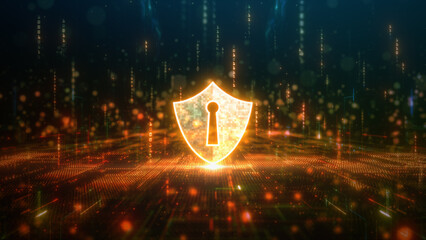 Cybersecurity Shield on Digital Network Background, The Cybersecurity shield symbol glowing on a complex digital network, representing data protection and internet security. 3d rendering