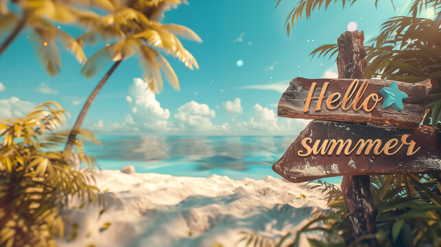 Wooden signboard with text Hello Summer on tropical beach background.