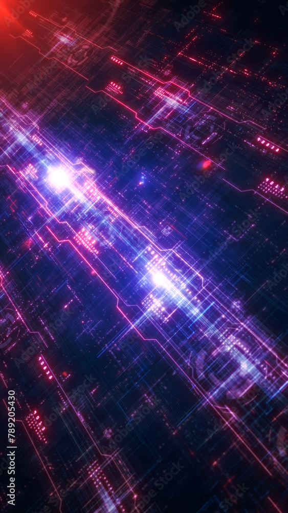 Poster abstract digital circuit board with luminous lines, vivid digital circuit board with glowing neon li