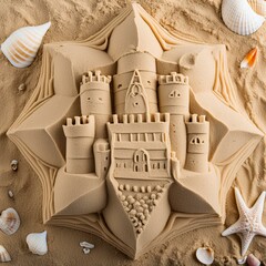 Sand sculpture of a castle sea shells and sea stars top view