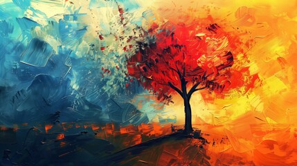 Single tree in painting with bold brush strokes - obrazy, fototapety, plakaty
