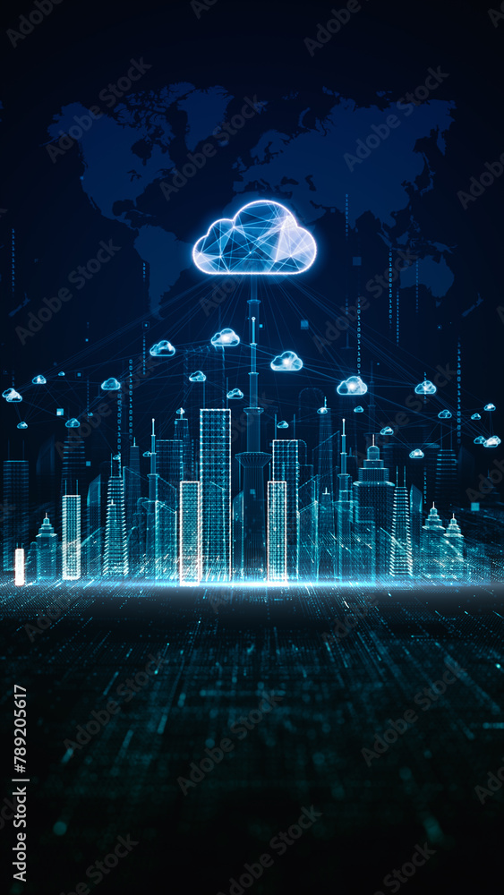 Poster cloud computing network over digital cityscape, digital visualization of cloud computing network and