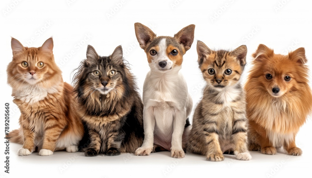 Poster assorted cats and dogs in studio setting on white background with space for text
