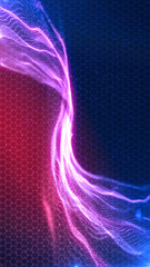 Particle Wave on Hexagonal Grid Background, A sweeping wave of neon particles over a hexagonal grid, creating a vibrant abstract background suggestive of digital networks. 3d rendering