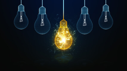 Creative idea concept bright and glowing light bulb stands out among unlit wireframe bulbs against a dark background..3d rendering