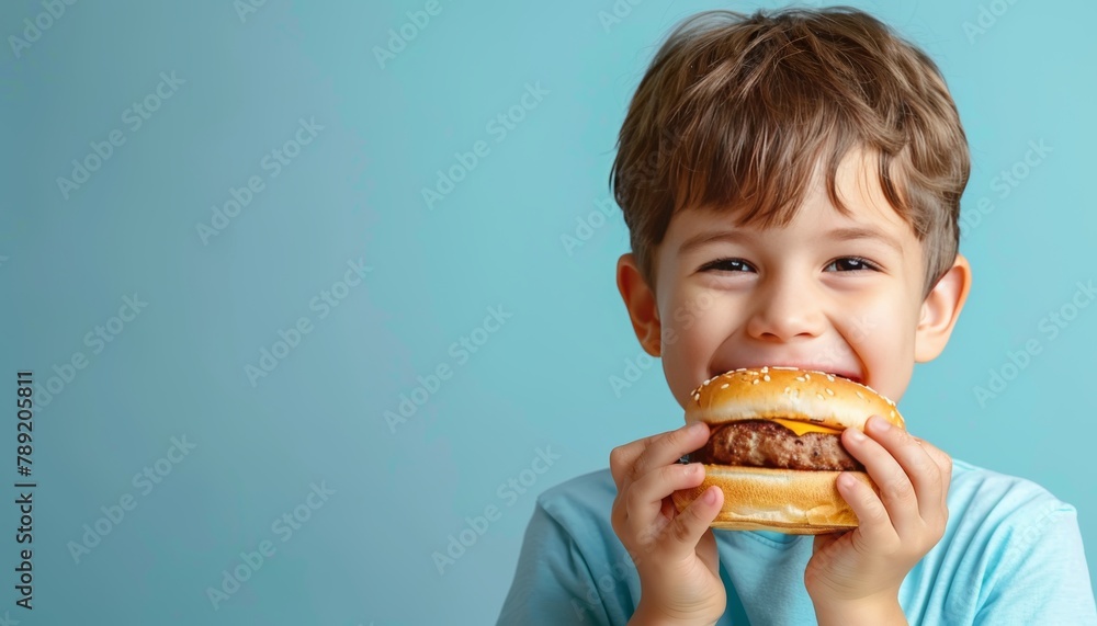 Aufkleber Boy enjoying a tasty hamburger on a soft pastel background with a generous space for adding text