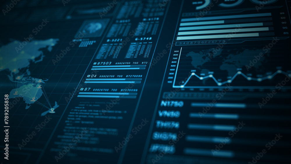Poster Data visualization interface with graphs, World map data analysis technology interface display, 3d rendering