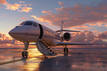 Luxury private jet on runway at dusk with dramatic clouds