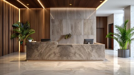 Luxurious reception desk interior room with natural stone marble tiles and wood panels decoration