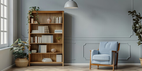 empty living room with A tall wooden bookcase with white books and beige accents stands against the light grey wall 