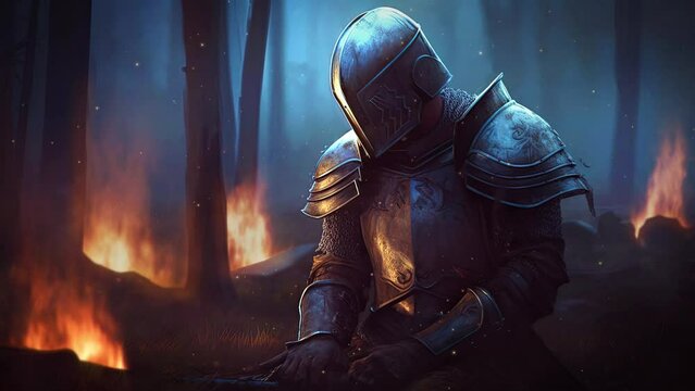 Sad and defeated warrior surrounded by fire in a forest. Epic fantasy and dramatic loop video animation.