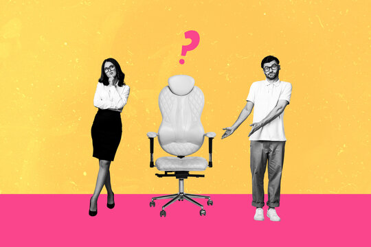 Composite trend artwork sketch 3D photo collage of black white silhouette cople friends colleague lady guy compettition boss armchair