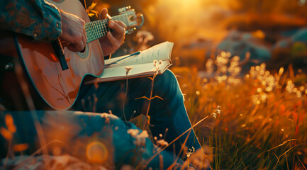 Musician or songwriter composing new melodies and lyrics while sitting with his guitar and book, writing musical nodes in the sunset. Shallow field of view.
