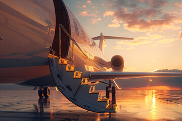 Private jet on reflective surface at sunset with open door - obrazy, fototapety, plakaty
