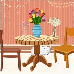 Room Illustration with flowerpots on table, with decoration lights and cat sleeping