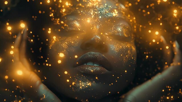 A powerful portrait of a woman with rich ebony skin and a crown of golden stars adorning her head. Her eyes are closed in deep meditation her hands reaching upwards as if to grasp .