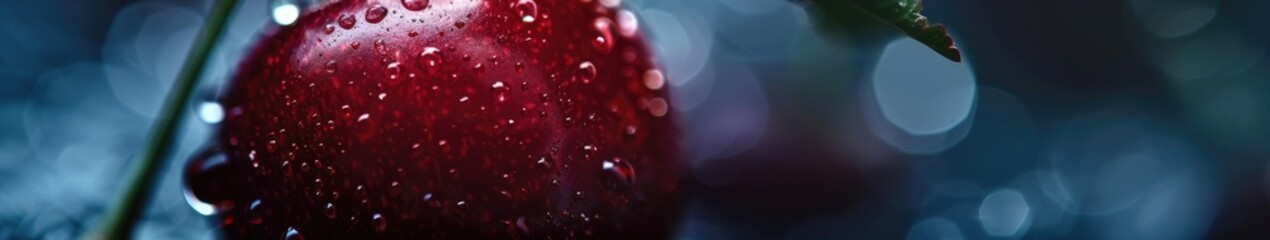 A panoramic view of a glistening cherry with dewdrops