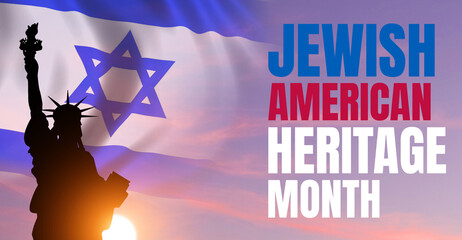 May is Jewish American heritage month. Flag of Israel and Statue of Liberty on sky background. 3d illustration.