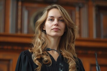 Fototapeta premium An attorney with flowing curly hair dons a black robe, exuding confidence and professionalism in court