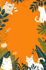 Obraz na płótnie Canvas Background in orange color with cats and plants with copy space. Banner cards for diary design