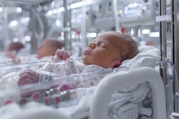 A serene scene of a sleeping neonatal infant in a hospital incubator highlights the delicacy of early life and the care provided in neonatal units - obrazy, fototapety, plakaty