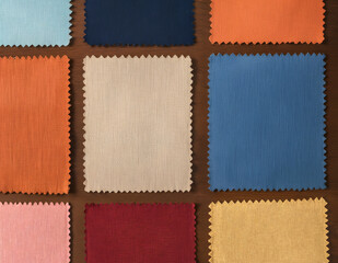 Fototapeta premium Background consisting of fabric swatches in different colors and textures. Fashion, clothing and design. Ideas and inspiration. Summer colors.