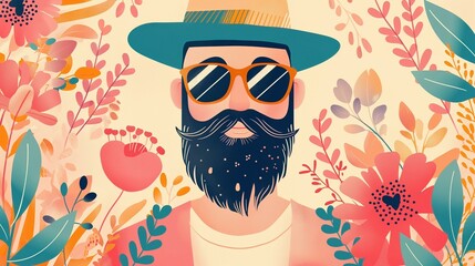 Hipster Father Surrounded by Colorful Flowers Illustration