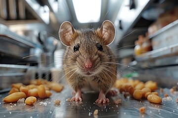 An inquisitive rodent is surrounded by scattered chickpeas on a shiny kitchen surface, evoking curiosity and surprise - obrazy, fototapety, plakaty