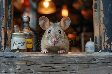 A charming mouse peeks through a rustic window ledge framed by warm ambient lights of a cozy interior - obrazy, fototapety, plakaty