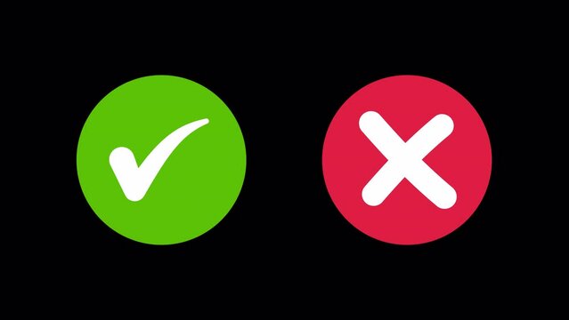 Animated pop-up green check mark and red cross X symbol on a transparent background. A checkmark in and out motion graphics animation. Video footage of yes or no, true or false with alpha channel