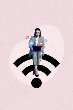 Sketch image composite artwork photo collage of business lady sit on huge wifi signal hold laptop on legs get feedbak heart like thumb