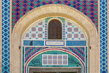 Uzbek traditional tile ornament. Close-up of Emir Summer Palace in Bukhara, glazed ornamentation, bright colors. Bukhara, Uzbekistan - obrazy, fototapety, plakaty
