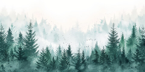 green watercolor  forest with fog on white background,	
