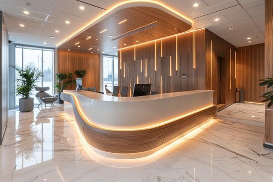 The image showcases a contemporary office lobby with an elegantly designed reception desk, accentuated with warm lighting