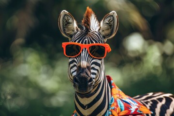 Fototapeta premium Zebra in trendy orange sunglasses and vibrant hawaiian shirt for a fashionable look