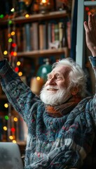 Obraz premium Senior business professional jubilant with arms up celebrating success in front of laptop