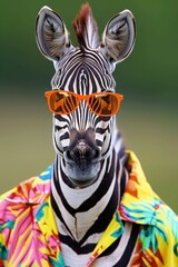 Fototapeta premium Zebra with trendy orange sunglasses and colorful hawaiian shirt brings a cool vibe