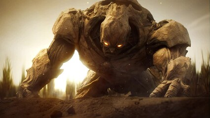 Golem rising from earth and ground. Epic monster. Epic fantasy and dramatic loop video animation. - Powered by Adobe