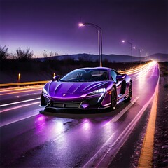 A purple car with a purple body is driving down the street.
 - obrazy, fototapety, plakaty
