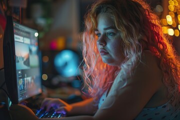A focused woman engaging in video editing on a vibrant computer screen in a dark room
