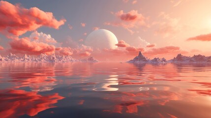 Large moon on the horizon with pink clouds above a calm sea with icebergs