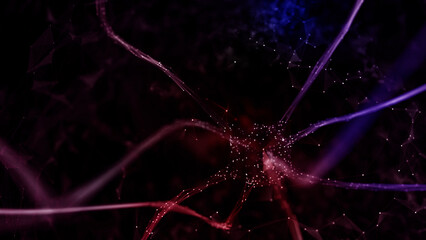 Three-dimensional neuron cell in the brain in blue red colors. Conceptual science copy space illustration background. - 789209845