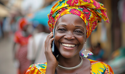 Smiling happy African woman in traditional clothes on mobile phone. 