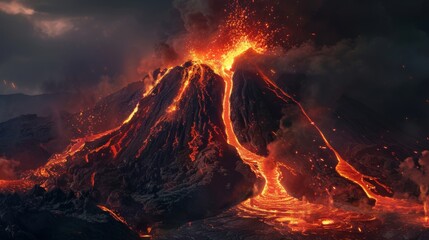 Volcano erupting, spewing fiery lava into the landscape