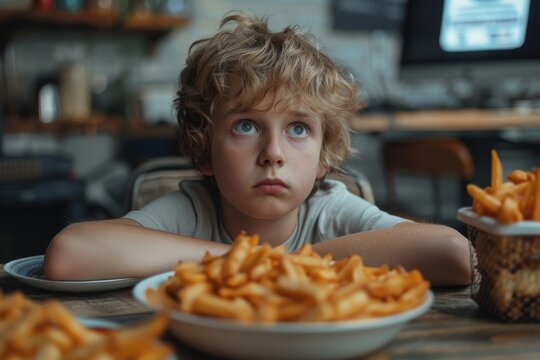 A young boy with curly hair appears reflective amid a table loaded with french fries