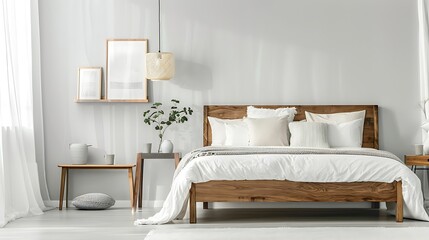 modern bedroom with wooden bed and set of white color tone pillows interior desi
