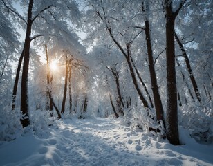 Magical winter wonderland with snow-covered trees
