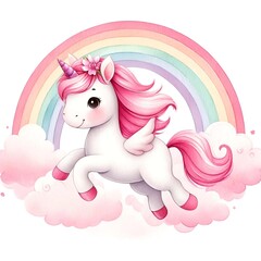 Fototapeta premium Flying Unicorn with Rainbow and Clouds Illustration 